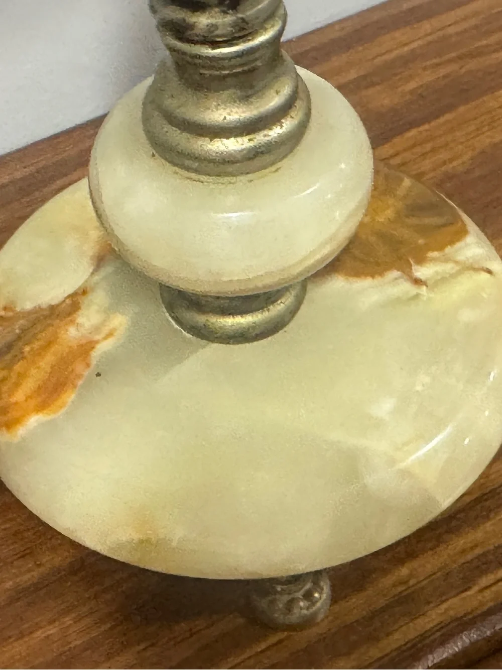 Antique Brass and Cream Marble 3-Arm Candelabra